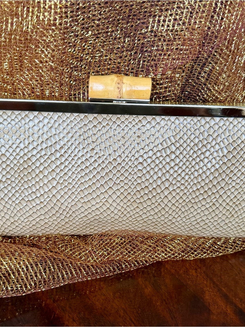 Elegant White Textured Clutch with Bamboo Accent